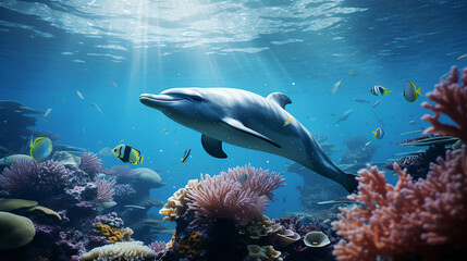 Fototapeta na wymiar dolphin underwater on reef close coming to you