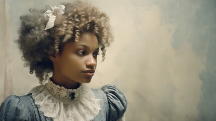 Photorealistic Black Woman with Blond Curly Hair retro Illustration. Portrait of a person in Victorian Era aesthetics. Historic movie style Ai Generated Horizontal Illustration.