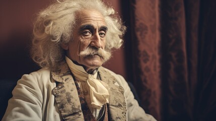 Photorealistic Old Indian Man with Blond Curly Hair retro Illustration. Portrait of a person in Victorian Era aesthetics. Historic movie style Ai Generated Horizontal Illustration.
