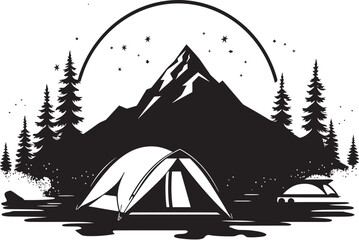Mountain Majesty Sleek Monochromatic Emblem for Outdoor Enthusiasts Starlit Sanctuary Black Vector Logo Design Icon for Campers