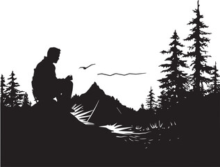 Rustic Serenity Elegant Black Icon Showcasing Vector Camping Design Mountain Majesty Sleek Monochromatic Emblem for Outdoor Enthusiasts