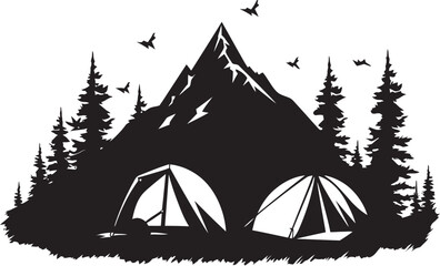 Mountain Majesty Sleek Monochromatic Emblem for Camping Enthusiasts Under the Open Sky Black Vector Logo Design for Camping Bliss