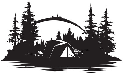 Mountain Majesty Sleek Monochromatic Emblem for Outdoor Enthusiasts Starlit Sanctuary Black Vector Camping Logo Design Icon for Nighttime Bliss