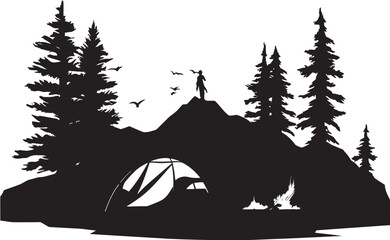 Camping Escapade Sleek Monochromatic Emblem for Outdoor Enthusiasts Mountain Majesty Black Vector Logo Design Icon for Wilderness Retreats