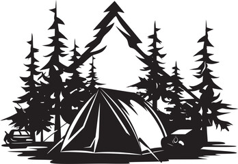 Nightfall Retreat Black Vector Logo Design Icon for Wilderness Enthusiasts Wilderness Wanderlust Sleek Black Vector Camping Logo Icon