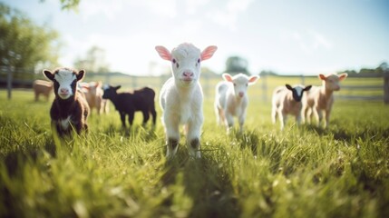 Fototapeta premium A diverse array of farm animals grazing peacefully in a lush green field, showcasing the end goal and potential benefits of international trade of livestock embryos for genetic diversity