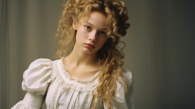 Photorealistic Teen White Woman with Blond Curly Hair retro Illustration. Portrait of a person in Victorian Era aesthetics. Historic movie style Ai Generated Horizontal Illustration.