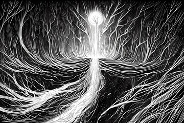 spooky forest black and white illustration with bare trees and branches