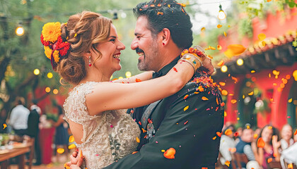 Wedding that mixes different cultures and traditions, celebration of World Marriage Day, February, lifestyle concept, generative ai