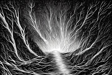 spooky forest black and white illustration with bare trees and branches - obrazy, fototapety, plakaty