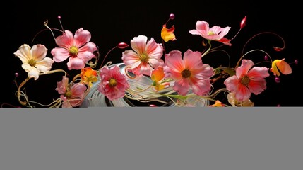 A dynamic composition of cosmos flowers in a swirling glass vase, capturing movement and energy.