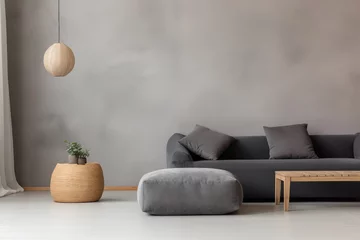 Fotobehang Sala de estar com um sofá cinza com puf e vaso de planta ao canto, fundo cinza claro - decoração minimalista abstrata © vitor