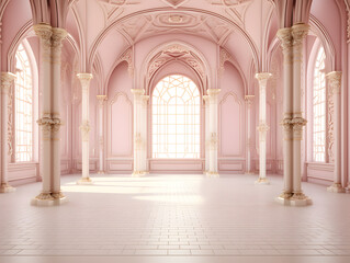 Fototapeta na wymiar Luxury Interior of a royal palace with arches and columns, 3d render, classic and minimal style, big space with no people