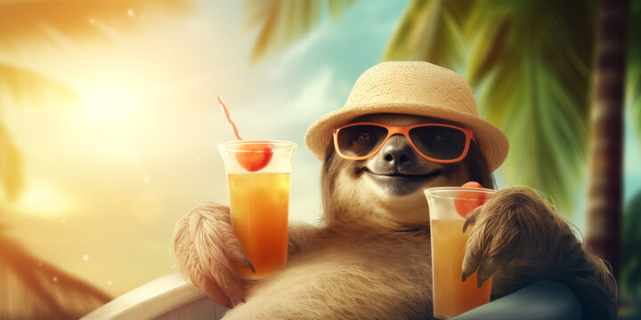 Bicho preguiça senado em uma cadeira de praia usando óculos de sol e chapéu em um cenário praiano tropical e quente