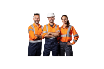 A group of construction workers, one man and two women, standing and smiling looking at the camera against a transparent background.