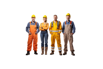 A group of construction workers, one man and two women, standing and smiling looking at the camera against a transparent background.