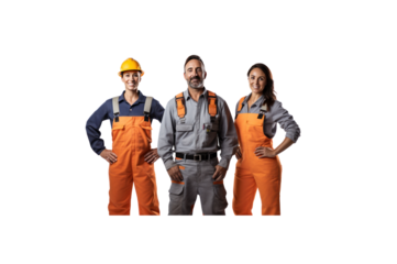 A group of construction workers, one man and two women, standing and smiling looking at the camera against a transparent background.