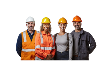 A group of construction workers, one man and two women, standing and smiling looking at the camera against a transparent background.