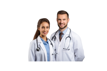 A group of male doctors standing and smiling looking at the camera transparent background