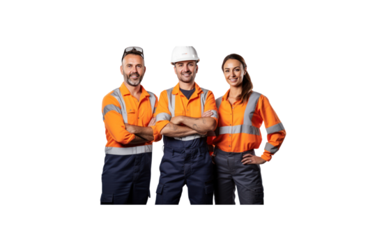 A group of construction workers, one man and two women, standing and smiling looking at the camera against a transparent background.