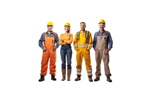 A group of construction workers, one man and two women, standing and smiling looking at the camera against a transparent background.