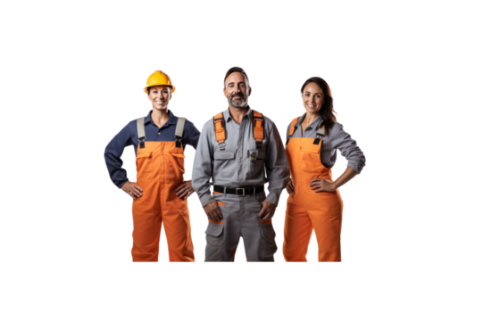 A group of construction workers, one man and two women, standing and smiling looking at the camera against a transparent background.