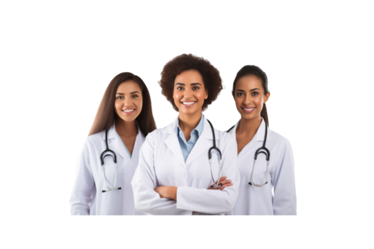 A group of male doctors standing and smiling looking at the camera transparent background