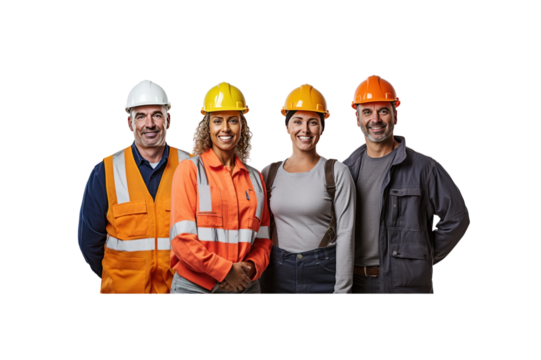 A group of construction workers, one man and two women, standing and smiling looking at the camera against a transparent background.