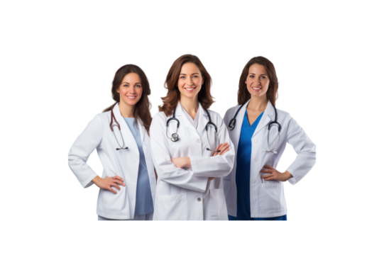 A group of male doctors standing and smiling looking at the camera transparent background