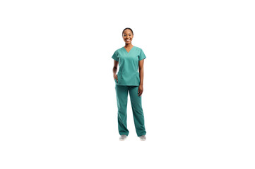 A black female nurse stands and smiles at the camera. Solitary full body transparent background