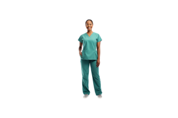 A black female nurse stands and smiles at the camera. Solitary full body transparent background