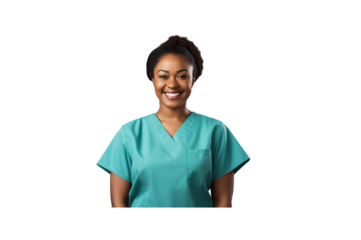 A black female nurse stands and smiles at the camera. Solitary full body transparent background