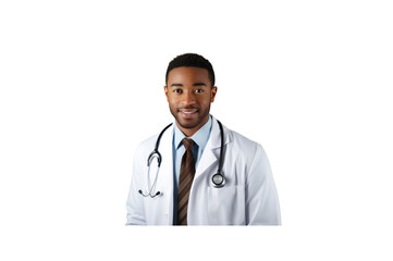 Fototapeta premium American doctor standing smiling looking at camera. Isolated. Transparent background.