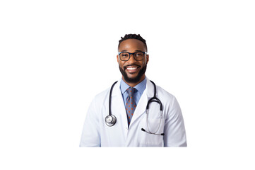Fototapeta premium American doctor standing smiling looking at camera. Isolated. Transparent background.