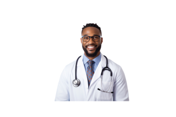 American doctor standing smiling looking at camera. Isolated. Transparent background.