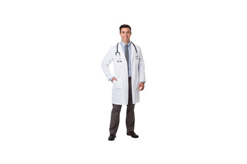 American doctor standing smiling looking at camera. Isolated. Transparent background.