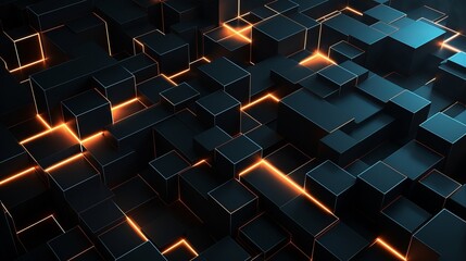 Glowing geometric shapes: abstract 3d background with intricate patterns on dark black texture
