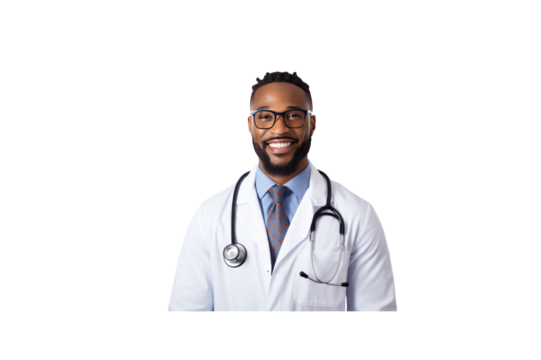 American doctor standing smiling looking at camera. Isolated. Transparent background.
