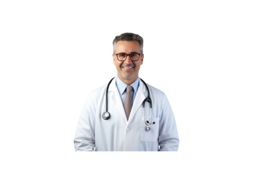 American doctor standing smiling looking at camera. Isolated. Transparent background.