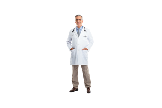 American doctor standing smiling looking at camera. Isolated. Transparent background.