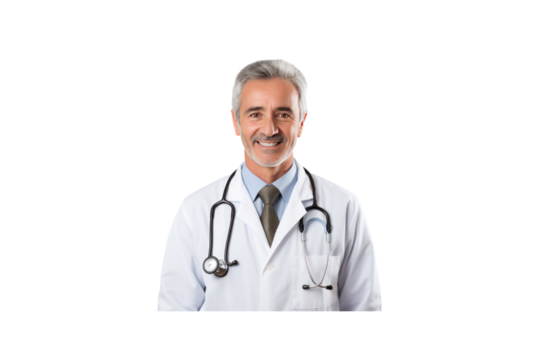 American doctor standing smiling looking at camera. Isolated. Transparent background.