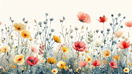Foto op Canvas Watercolor meadow flowers illustration, vibrant poppy and wildflowers, floral background for greeting cards, wedding invitations, and wall art. AI Generative © Julia