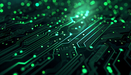 Green Glowing Circuit Board Closeup - An Intricate View of an Electronic Motherboard with Illuminated Pathways, Highlighting the Complex Design and Maze-like Appearance