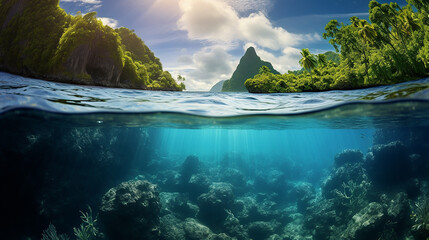 small canyon underwater carves by the swell into the reef, Huahine island French Polynesia - obrazy, fototapety, plakaty