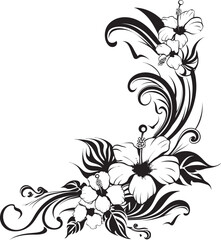 Floral Fresco Elegant Black Icon Featuring Decorative Floral Corners Chic Petals Monochrome Emblem Highlighting Decorative Corners
