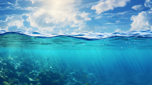 blue sea or ocean water surface and underwater with sunny and cloudy sky