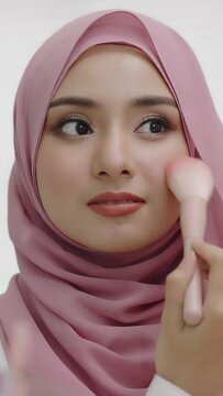 Vertiocal footage Young asian beautiful muslim woman with hijab looking mirror applying makeup with brusher of cheek daily routine at home.