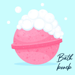 Pink cartoon bath bomb isolated on blue background. Bath bomb with white soap bubbles on blue background.