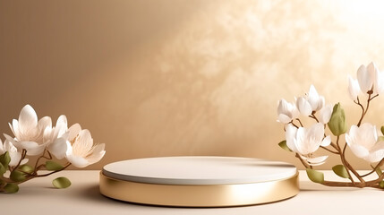 Obraz na płótnie Canvas Elegant white and gold product podium with delicate magnolia flowers for premium presentation. AI Generative