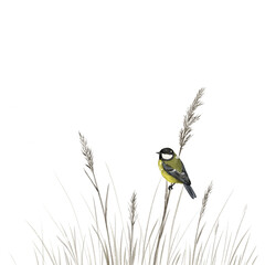 tit bird at sitting dry plants isolated at white background, hand drawn watercolor illustration © cat_arch_angel